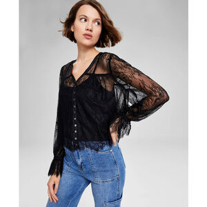 And Now This Women's Medium Black Lace V-Neck Button-Front Cropped Top NWT